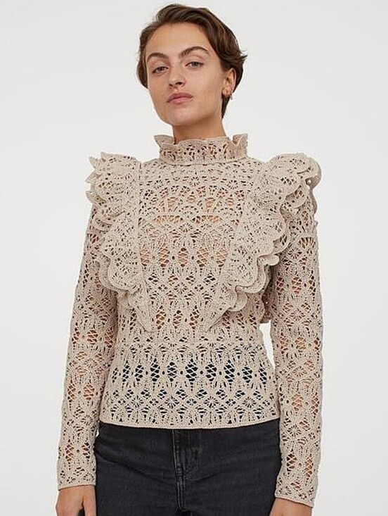 H&M Tops - H&M Women's Crochet Ruffle Blouse, Cream (Size XL)